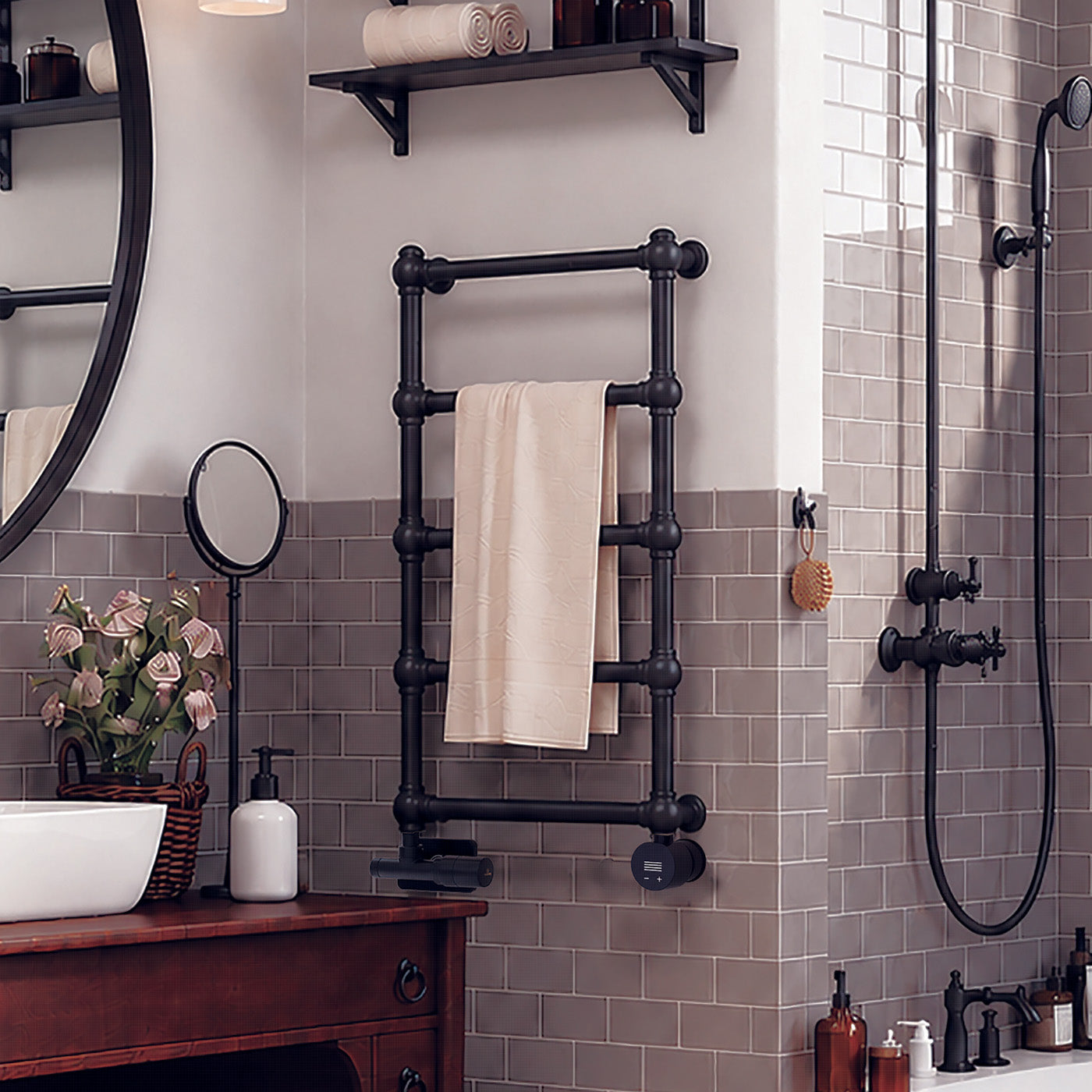 Terma RETRO Dual Fuel Towel Rail, 800h x 504w(mm), 717 BTUs/ 200w, Matt Black RAL 9005 (with UNICO Dual Fuel Valve in Matt Black & VEO Black/Black Wi-Fi Element, 30-60°c)