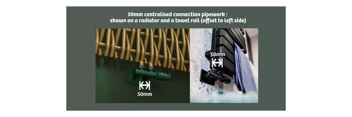image showing a radiator and a towel rail side by side with 50mm pipe and valve connections