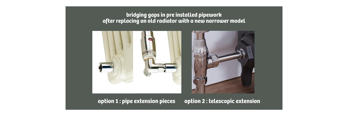 demo image of how to bridge a gap in radiator pipework which is too wide for the replacement radiator being fitted
