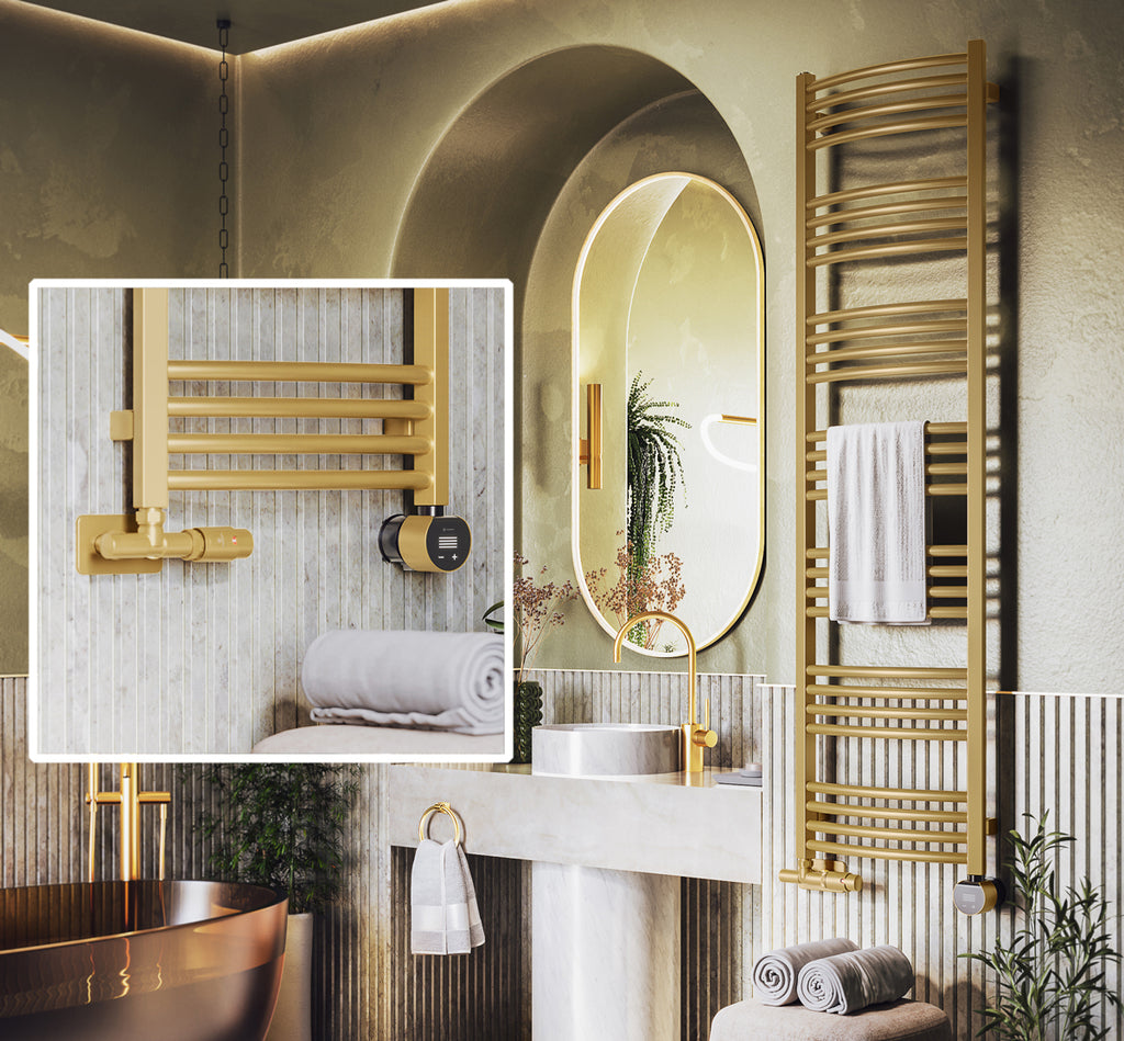 Complete dual fuel towel rail with both valve and heating element connected in a brass coloured high end bathroom