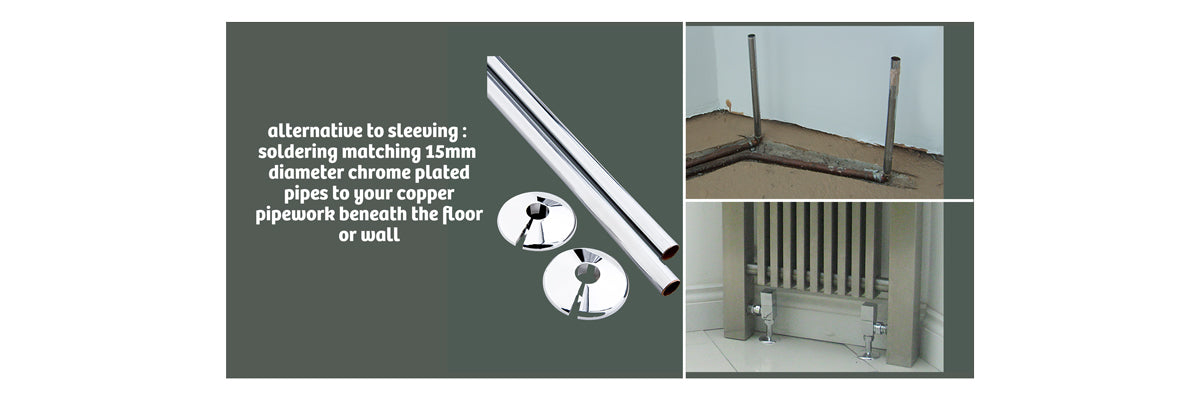 before and after image showing chrome extension pipes being fitted to copper pipework by a plumber  - you see the floor before it goes down and how it is connected and the finished installation with the floor tiles down