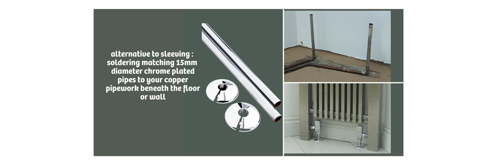 before and after image showing chrome extension pipes being fitted to copper pipework by a plumber  - you see the floor before it goes down and how it is connected and the finished installation with the floor tiles down