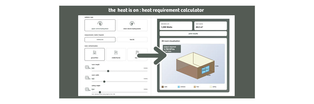 Heat requirement calculator interface on a computer screen with an arrow pointing to it.
