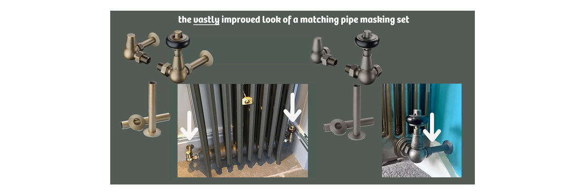 image showing how pipe sleeving kits are installed on radiator pipework - shows a period style column radiator with neatly finished pipework and how it has been put together