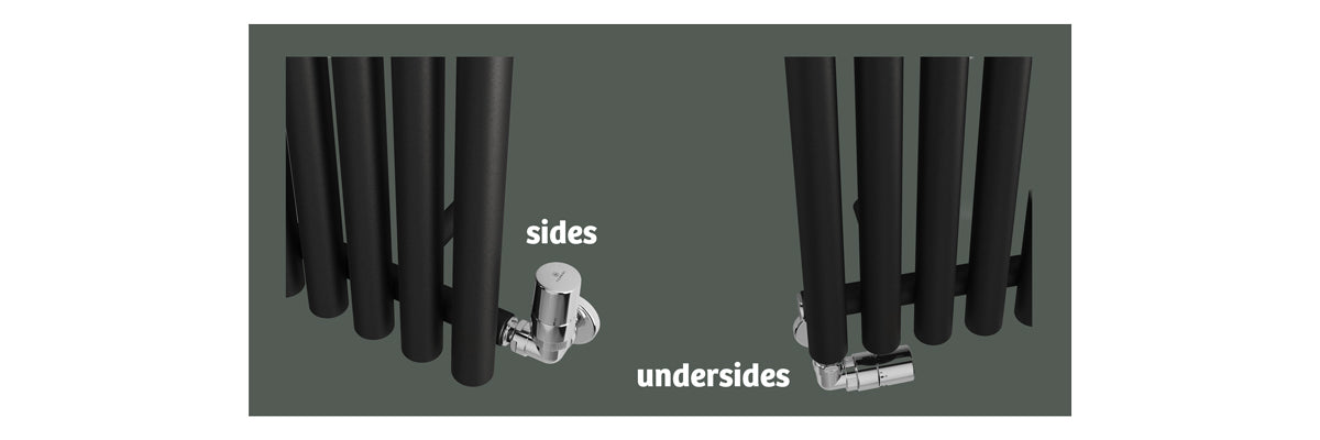 image showing radiator valves connected to the sides of a radiator compared with valves connected to the underside of a radiator