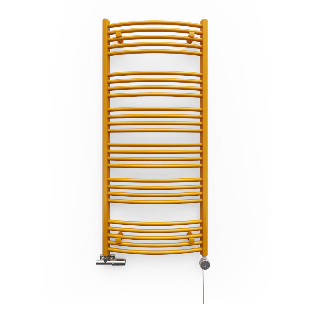Terma DOMI Dual Fuel Towel Rail, 1116h x 400w(mm), 1409 BTUs/ 400w, Matt Sun Yellow RAL 1037 (with UNICO Dual Fuel Valve in Chrome & MEG Element in Chrome, 30-60°c)