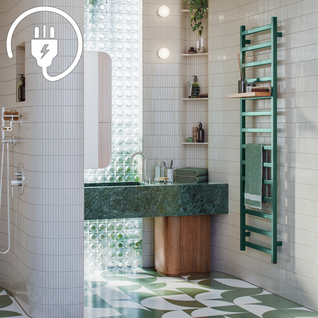 simple featured electric towel rail collection in a bau haus style bathroom with green floor tiles and glass bricks