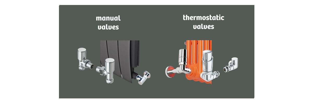 image showing the difference between a manual set of radiator valves and a thermostatic set of radiator valves